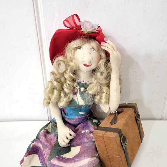 Handmade Fabric Artist Doll With Curly Hair & Red Hat Holding Suitcase - Picture 2 of 8